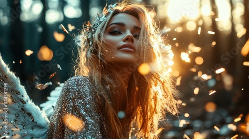 A celestial being, shimmering in golden light with wings and glittering attire, evokes themes of divine beauty and transcendence in a mystical forest setting. photo