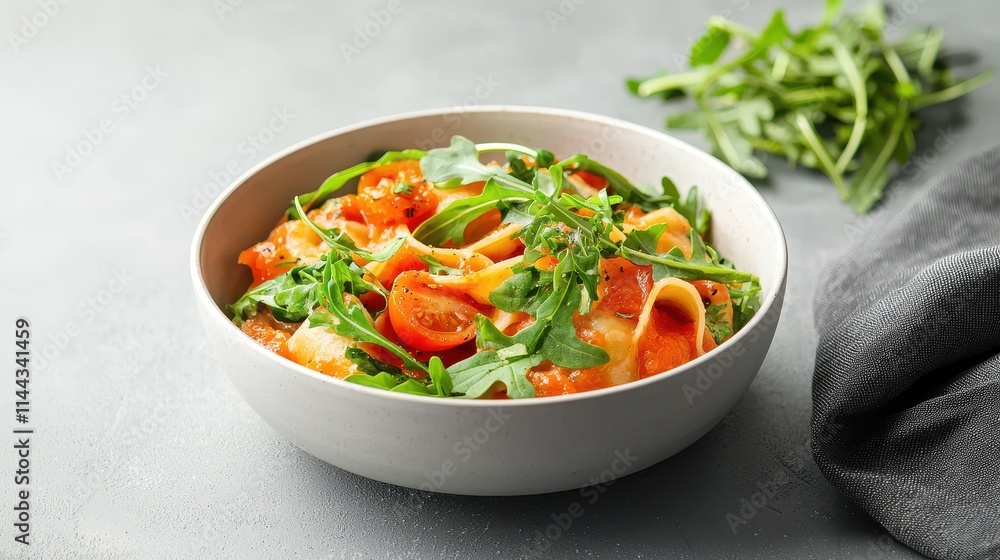 Fresh Vegetable Pasta Bowl with Cherry Tomatoes and Arugula Garnish Fresh Vegetable Pasta Bowl with Cherry Tomatoes and Arugula Garnish