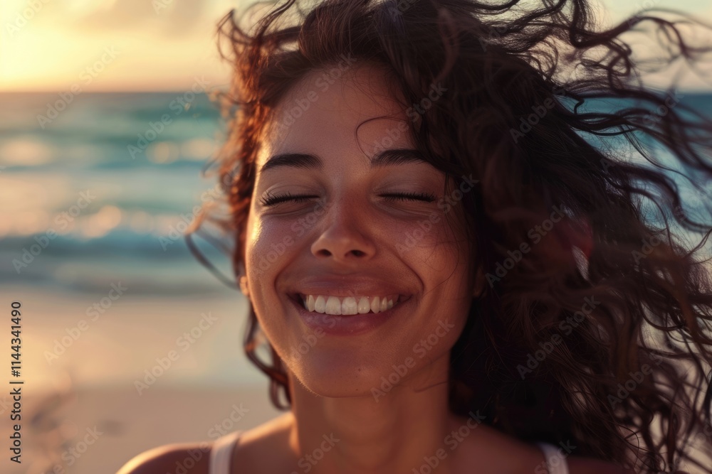 Latin woman relaxes on beach at sunset enjoying fresh air. Latin woman relaxes on beach at sunset enjoying fresh air.