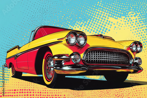 Pop art style illustration featuring a classic red and yellow car, evoking a vintage and vibrant aesthetic