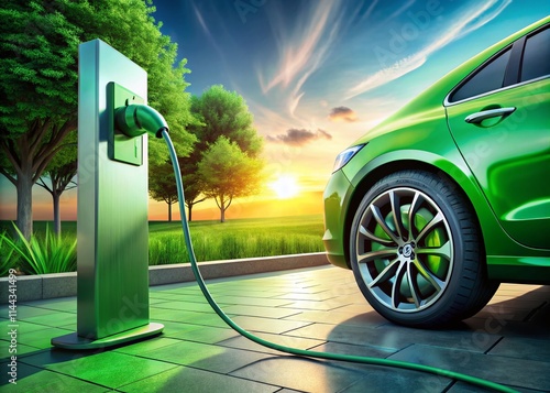 Electric Car Charging, Green Energy Vehicle, Eco-Friendly EV, Hybrid Car, Fast Charging Station photo