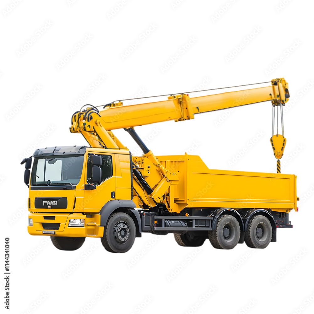 Yellow Dump Truck with Crane Attachment on White Background
Yellow Dump Truck with Crane Attachment on White Background