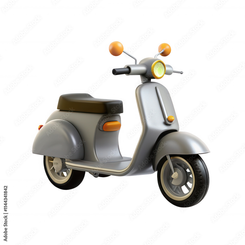 A stylish gray scooter with a brown seat and orange details is showcased in this 3D render, perfect for urban landscapes or design projects. A stylish gray scooter with a brown seat and orange details is showcased in this 3D render, perfect for urban landscapes or design projects.