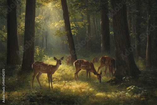 Sunlit forest clearing with three graceful deer grazing peacefully amidst tall trees. photo