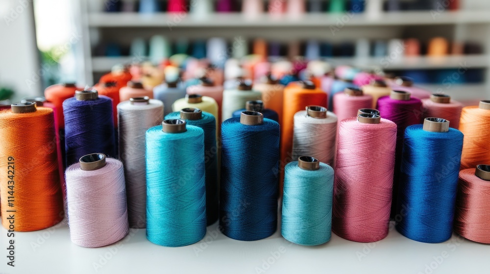 A vibrant array of spools of threads arranged symmetrically on a white craft table A vibrant array of spools of threads arranged symmetrically on a white craft table