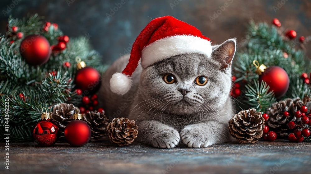 Obraz premium Cute british cat in Santa hat