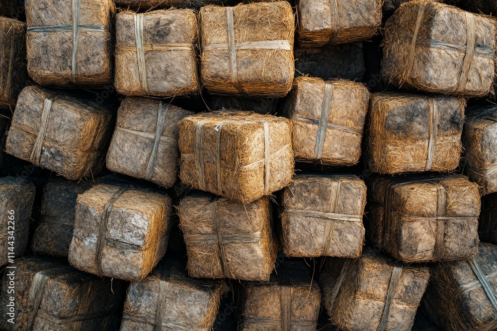 Close-up of compressed coconut fiber blocks, bound and stacked, prepared for distribution, highlighting sustainable material in the industry Close-up of compressed coconut fiber blocks, bound and stacked, prepared for distribution, highlighting sustainable material in the industry