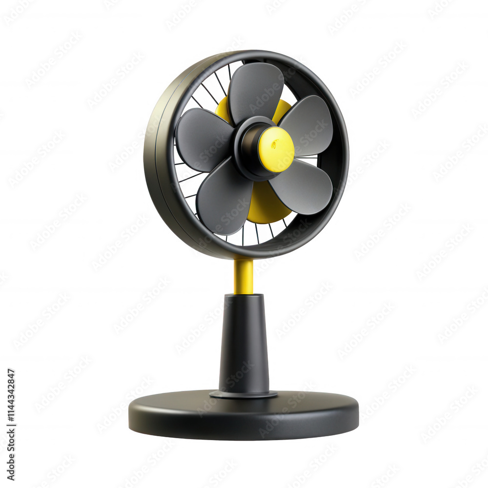 A modern 3D model of a black and yellow table fan featuring a sleek design with a round base and four blades, suitable for realistic renderings. A modern 3D model of a black and yellow table fan featuring a sleek design with a round base and four blades, suitable for realistic renderings.