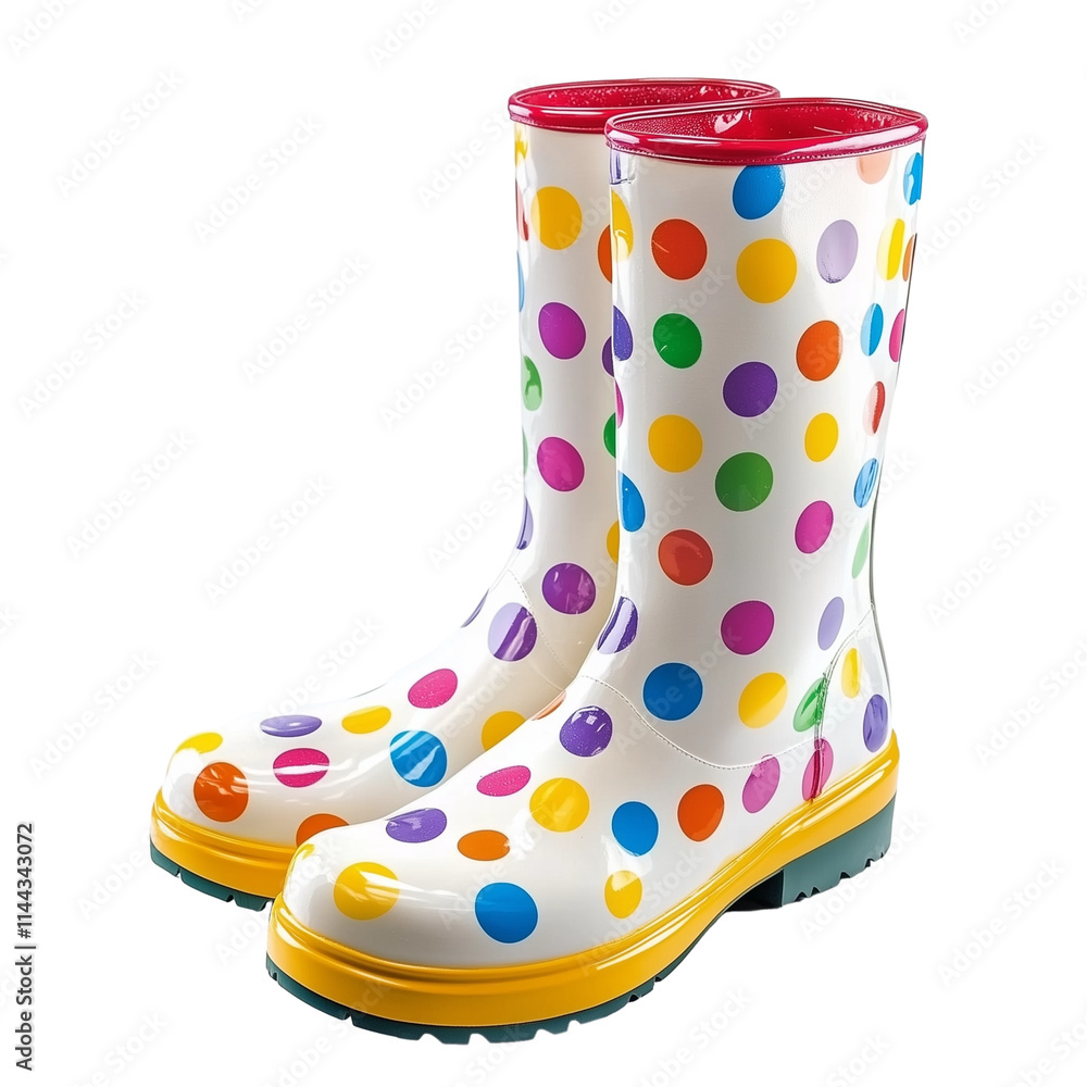 White rain boots covered in colorful polka dots isolated on transparent background White rain boots covered in colorful polka dots isolated on transparent background