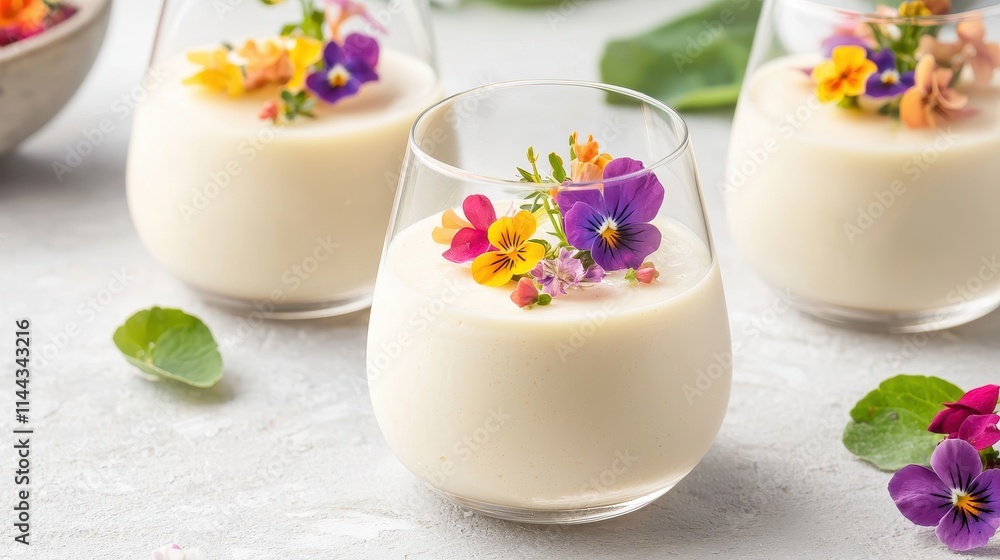 Creamy Dessert with Edible Flowers Perfect for Elegant Spring Gatherings Creamy Dessert with Edible Flowers Perfect for Elegant Spring Gatherings