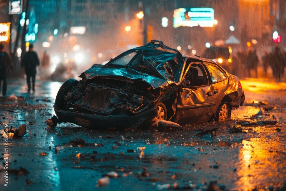 Total loss car wreck on a rainy night in the city, causing traffic jam and danger Total loss car wreck on a rainy night in the city, causing traffic jam and danger