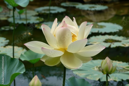 Wallpaper Mural White lotus flower blooming in a pond with lily pads, a symbol of purity and enlightenment in buddhism Torontodigital.ca