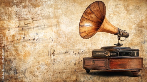 Antique gramophone with a large horn on a vintage background with sheet music.  Nostalgia and classic music concept.