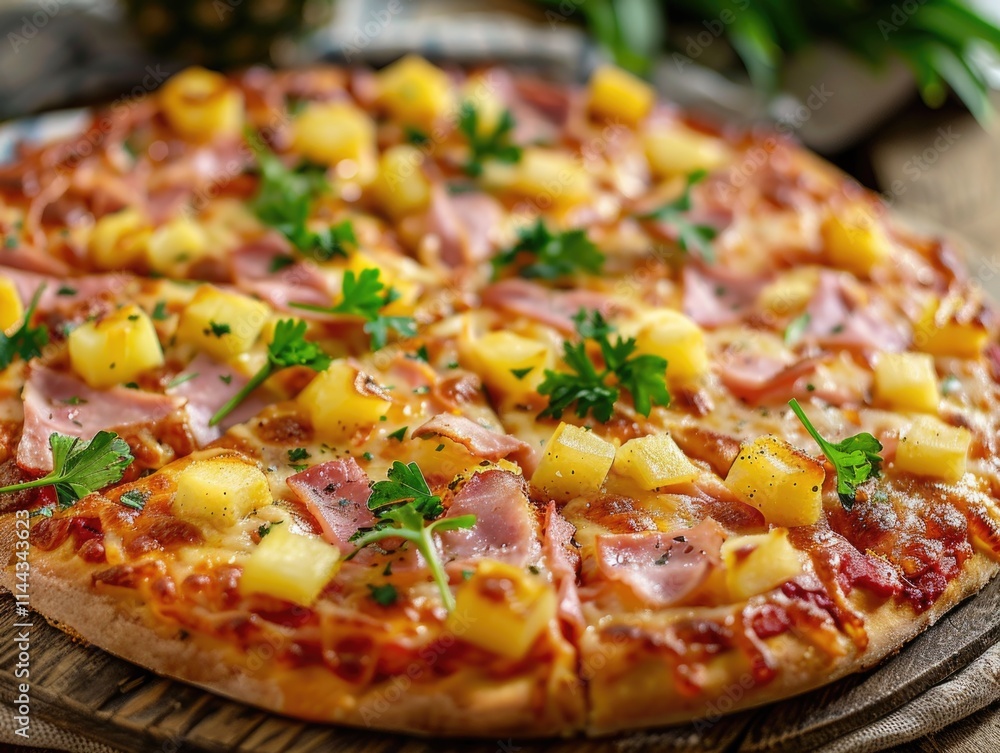 Delicious looking pizza topped with ham and pineapple, ready to be served. Delicious looking pizza topped with ham and pineapple, ready to be served.