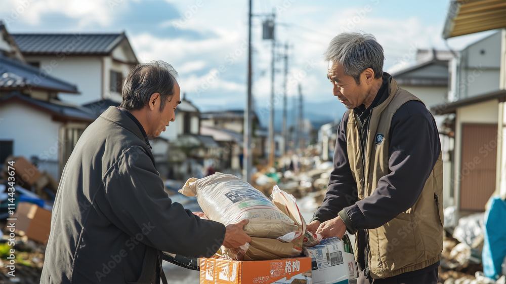晴天の被災地で物資を配布するボランティア活動 晴天の被災地で物資を配布するボランティア活動