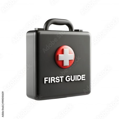 A three-dimensional model of a black first aid kit with a red cross symbol. It features the label 'FIRST GUIDE' prominently displayed.