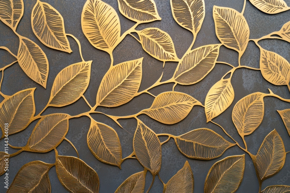 Fototapeta premium Gold leaf pattern on dark grey background.