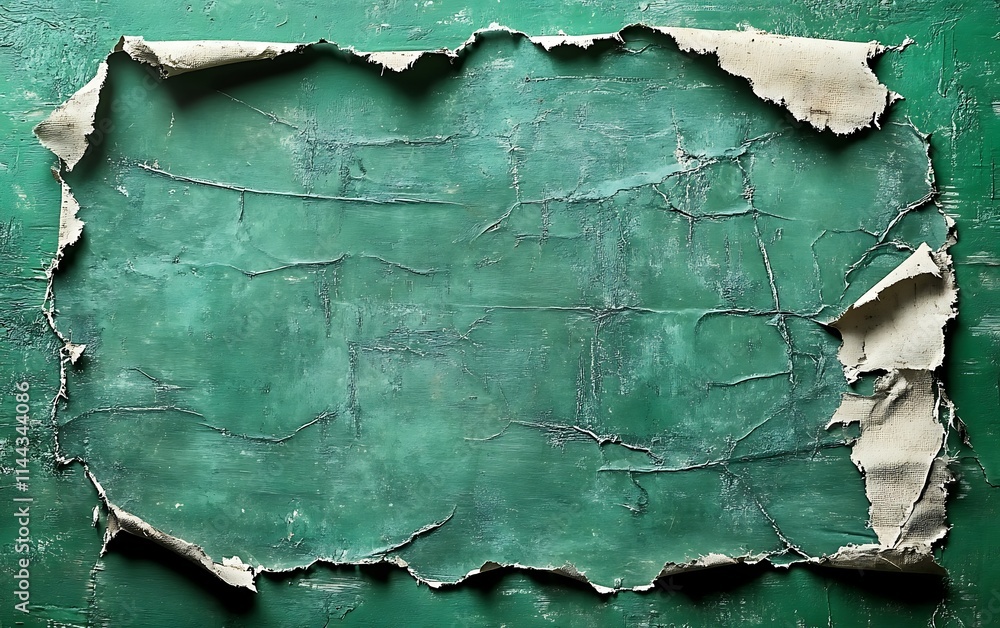 Obraz premium Teal green painted surface with peeling paint revealing a textured background.