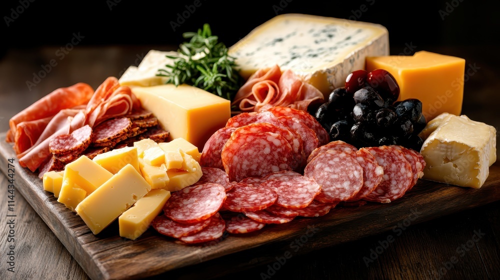 A wooden serving platter holds a selection of sliced cold meats, various blocks of cheese, fresh grapes, olives, and herbs—all elegantly presented for enjoyment. A wooden serving platter holds a selection of sliced cold meats, various blocks of cheese, fresh grapes, olives, and herbs—all elegantly presented for enjoyment.