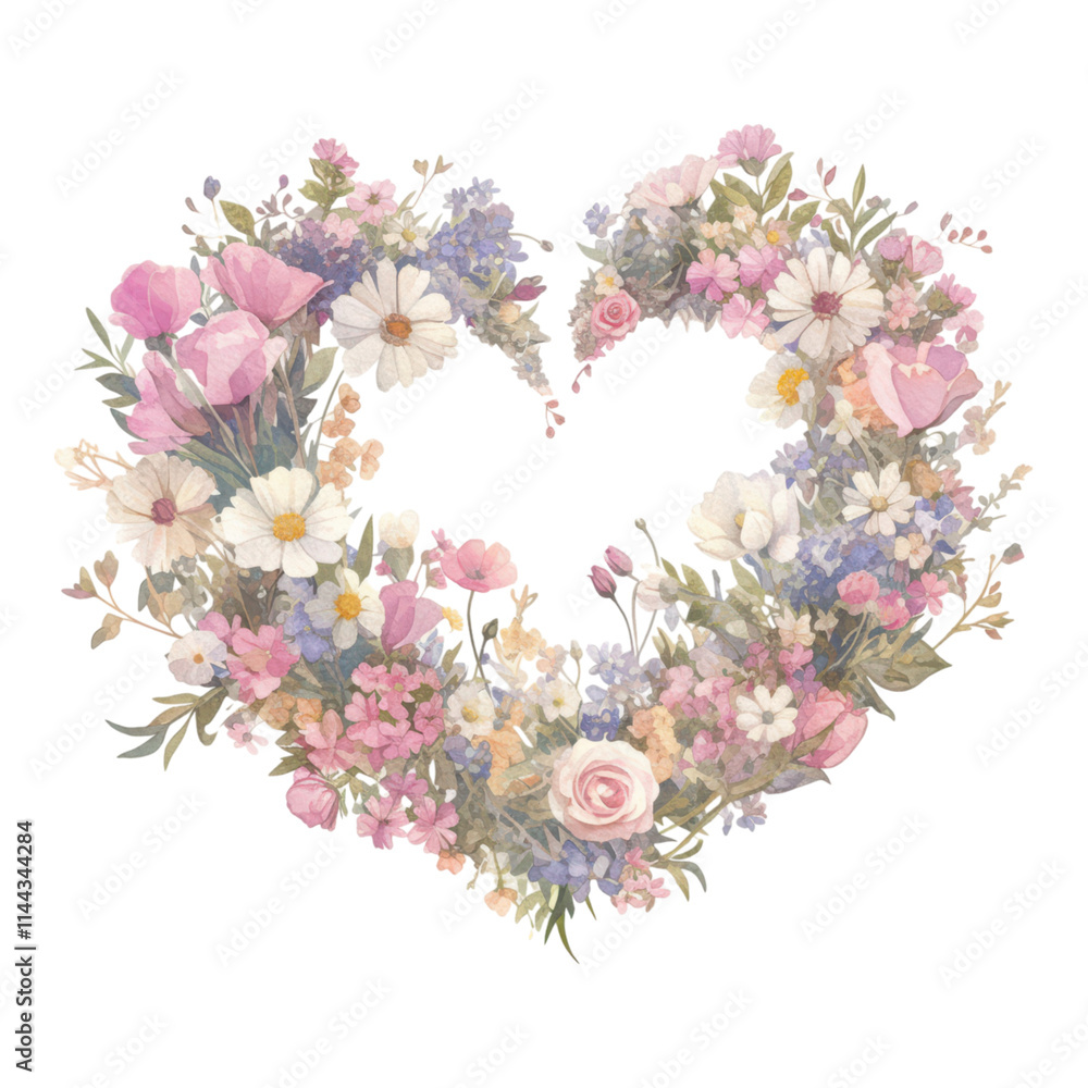 A heart-shaped arrangement of colorful flowers, including daisies and roses, showcasing a blend of soft pinks and whites. A heart-shaped arrangement of colorful flowers, including daisies and roses, showcasing a blend of soft pinks and whites.