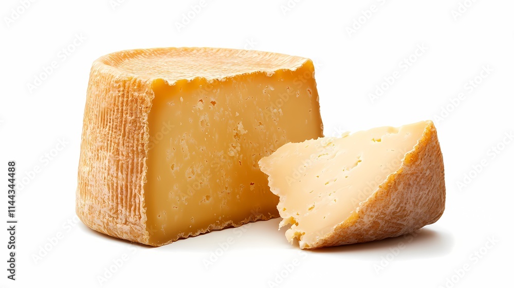 Delicious Wedge of Aged Cheese on White Background with Cut Piece Displaying Smooth Texture and Rich, Creamy Color Perfect for Culinary and Gourmet Photography Delicious Wedge of Aged Cheese on White Background with Cut Piece Displaying Smooth Texture and Rich, Creamy Color Perfect for Culinary and Gourmet Photography