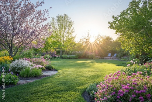 Fototapeta Naklejka Na Ścianę i Meble -  Beautiful garden with colorful flowers, green lawn and trees illuminated by the setting sun