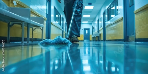 A cleaning worker mops a hospital hallway floor. photo