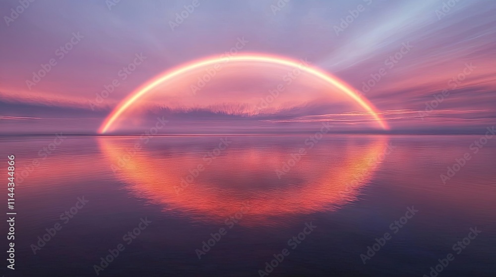 A vibrant rainbow arches gracefully from the sea, its colors reflected on the calm water below, with a soft sunset sky in the background A vibrant rainbow arches gracefully from the sea, its colors reflected on the calm water below, with a soft sunset sky in the background