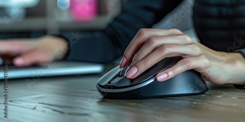 Woman is using a computer mouse on a wooden desk. The mouse is black and the woman's hand is holding it photo