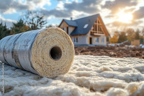 Glass wool insulation roll and mat with house under construction in background during sunset