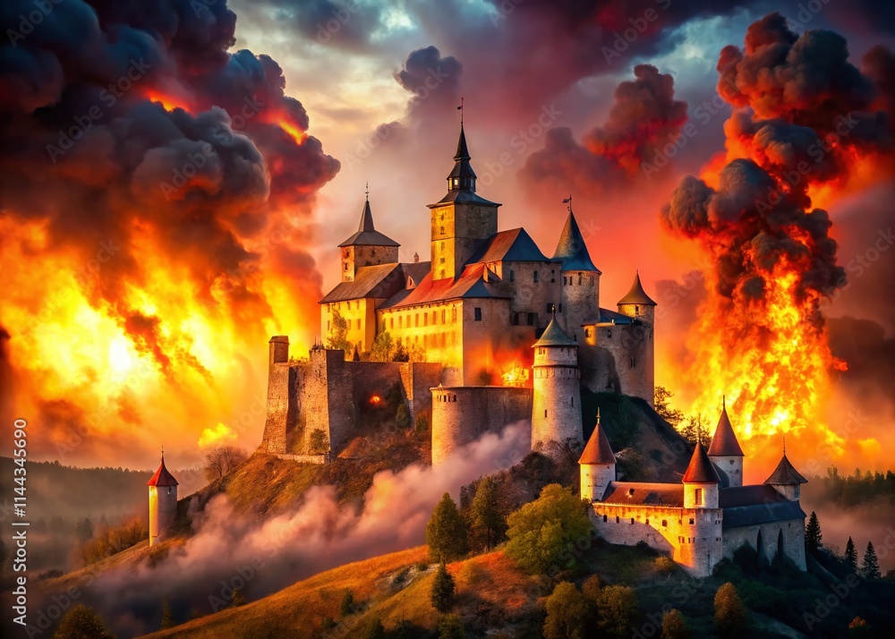 Fiery Castle Ruin: Dramatic Apocalyptic Sunset Landscape Painting AI Art Fiery Castle Ruin: Dramatic Apocalyptic Sunset Landscape Painting AI Art