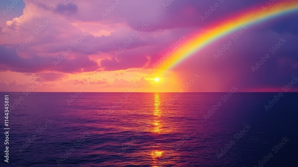 A vibrant rainbow emerges from the horizon of the ocean, blending with the vivid orange and purple hues of a setting sun A vibrant rainbow emerges from the horizon of the ocean, blending with the vivid orange and purple hues of a setting sun