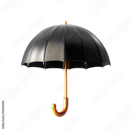 A photorealistic black umbrella with a wooden handle. Ideal for use in designs or as a render of outdoor activities. Perfect for various projects.
