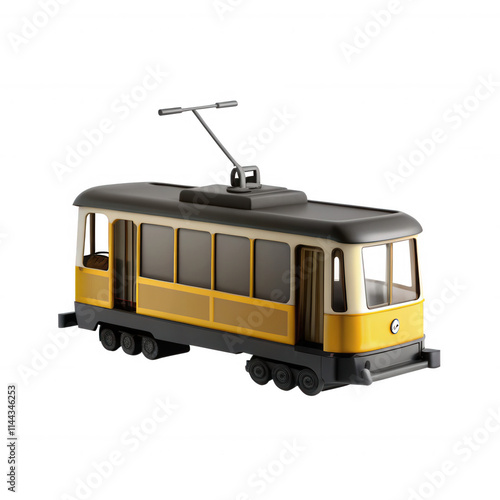 A 3D model featuring a yellow tram with black details, showcasing a realistic design perfect for digital renders or as a collectible toy.