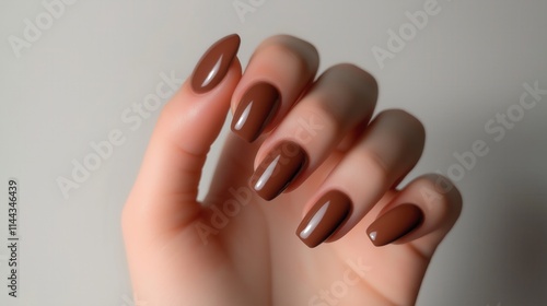 Manicure brown close-up hand glossy almond nails polished white background