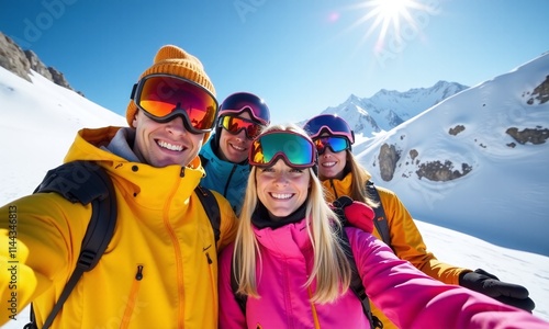 Winter sports ski resort snow capped mountains group