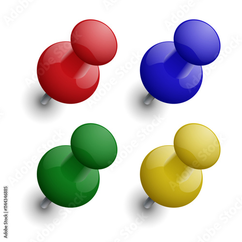 Stationery pins of different colors. Vector illustration. Sketch for creativity.