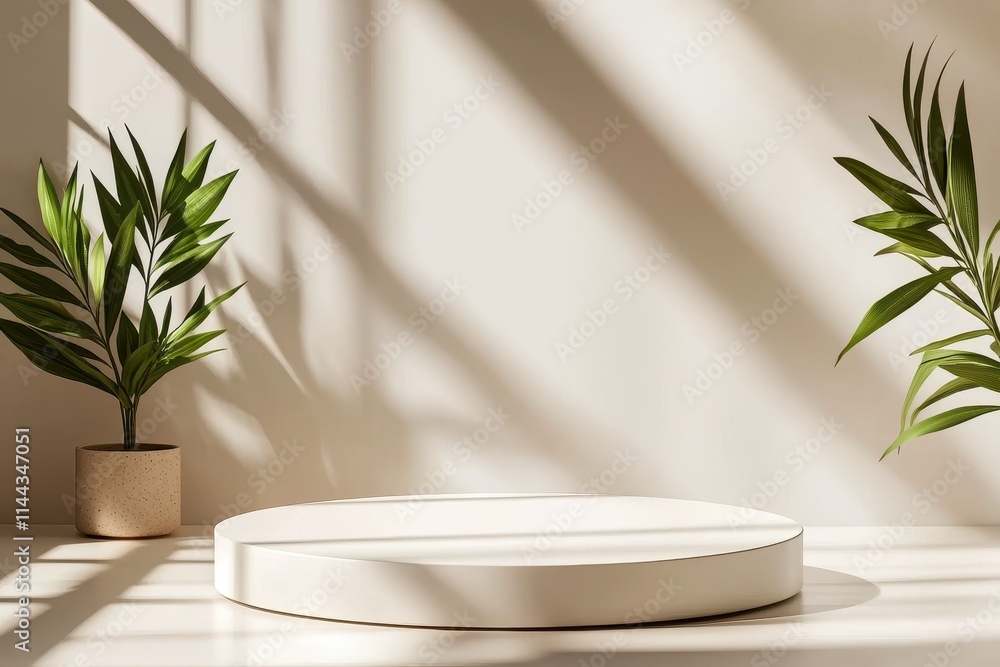 Minimalist Display Podium with Green Plants and Soft Light Shadows Minimalist Display Podium with Green Plants and Soft Light Shadows