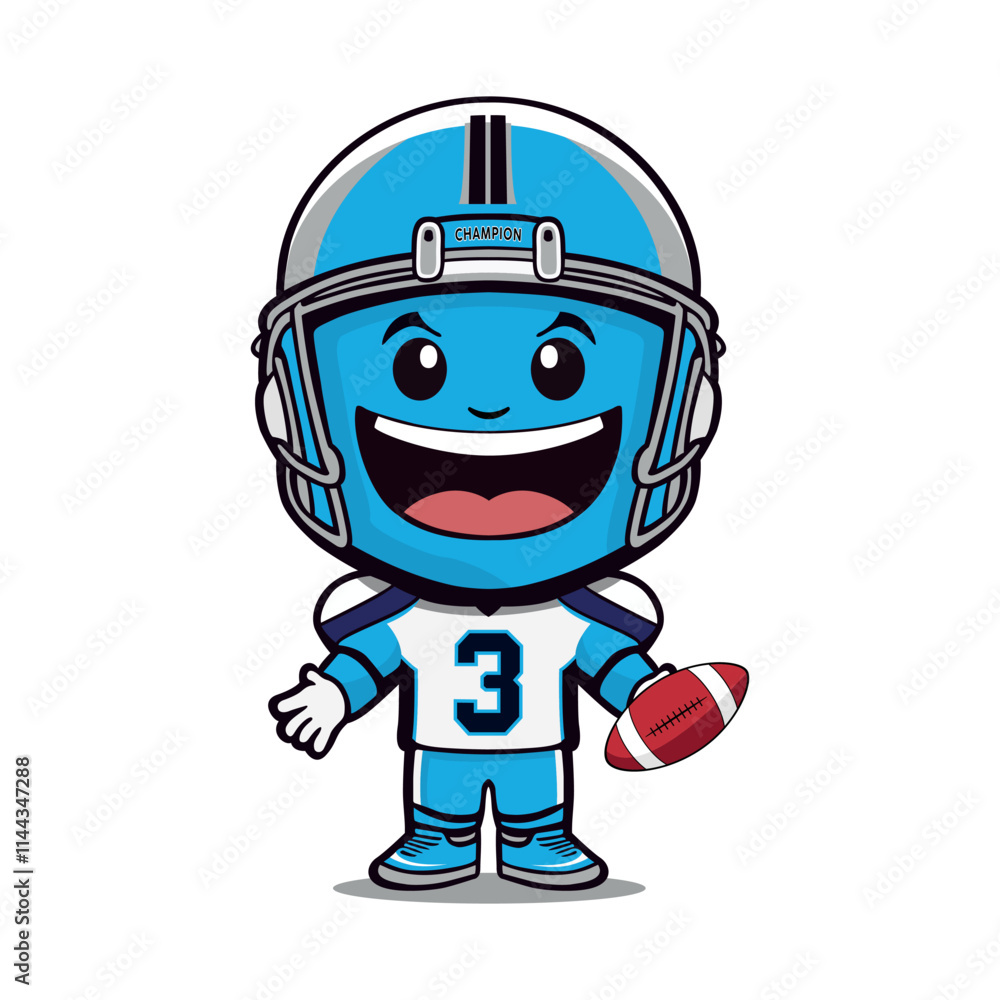 A cheerful rugby player mascot wearing a blue helmet with blue stripes, a white jersey with the number 3, and holding a rugby ball. The character is smiling widely. A cheerful rugby player mascot wearing a blue helmet with blue stripes, a white jersey with the number 3, and holding a rugby ball. The character is smiling widely.
