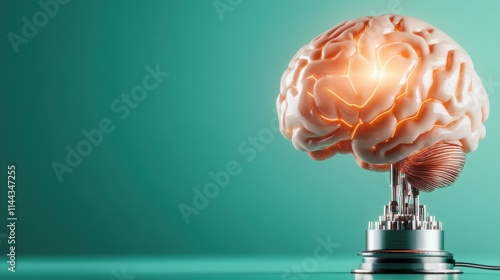 A vivid image of a brain mounted on a circuit board, highlighted with bright illumination, representing the merging of organic and digital intelligence in modern era. photo