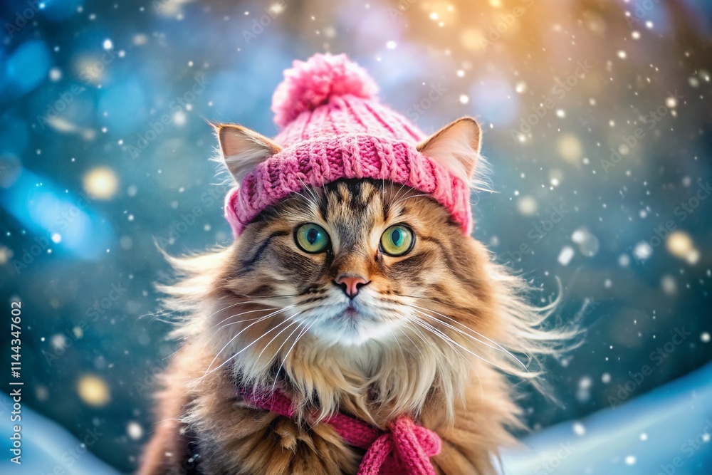 Fluffy Cat Winter Wonderland: Pink Knit Hat Long Exposure Photography Fluffy Cat Winter Wonderland: Pink Knit Hat Long Exposure Photography