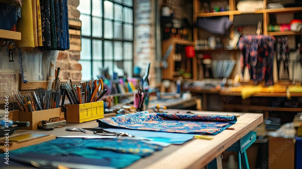 A vibrant tailoring workspace with a tailor cutting fabric while measuring tools rest nearby A vibrant tailoring workspace with a tailor cutting fabric while measuring tools rest nearby