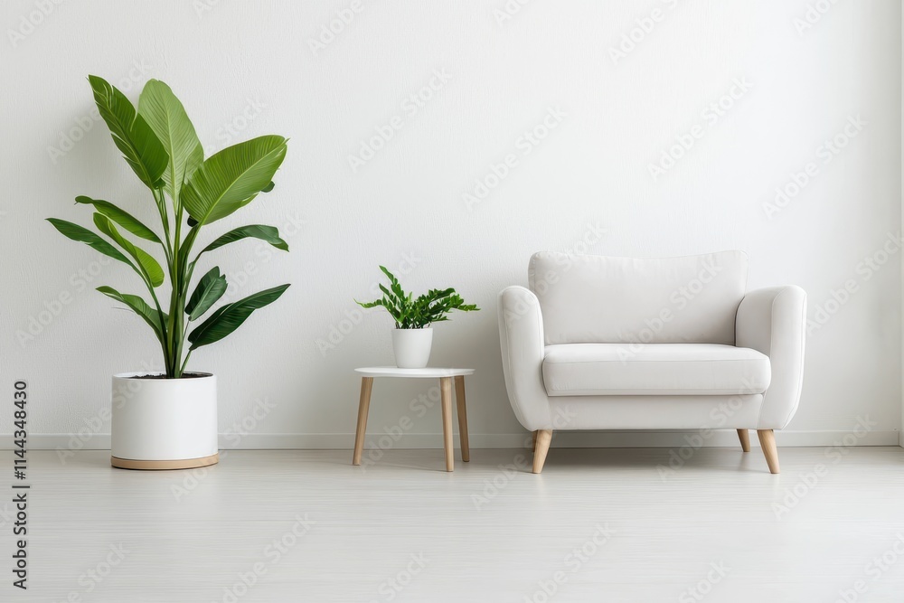 Cozy modern living room setup with armchair and indoor plants Cozy modern living room setup with armchair and indoor plants