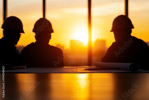 Silhouetted workers observing a sunset through large windows at a construction site. photo