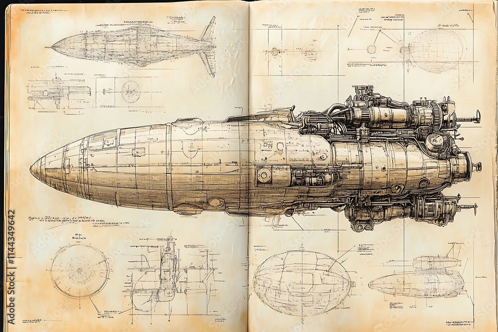 Obraz premium The Steampunk explorer's journal, filled with sketches of forgotten relics and lost inventions. Time machines, skyborne zeppelins, fantastical creatures, enigmatic maps, daring escapades.