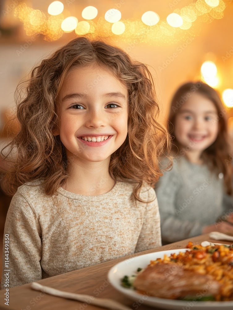 Smiling girl enjoying a meal with warm lights in the background, exuding happiness and joy. Smiling girl enjoying a meal with warm lights in the background, exuding happiness and joy.
