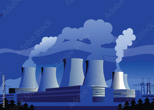 Generate a detailed vector illustration of a modern nuclear power plant, showcasing its cooling towers, containment structures, and surrounding landscape.
