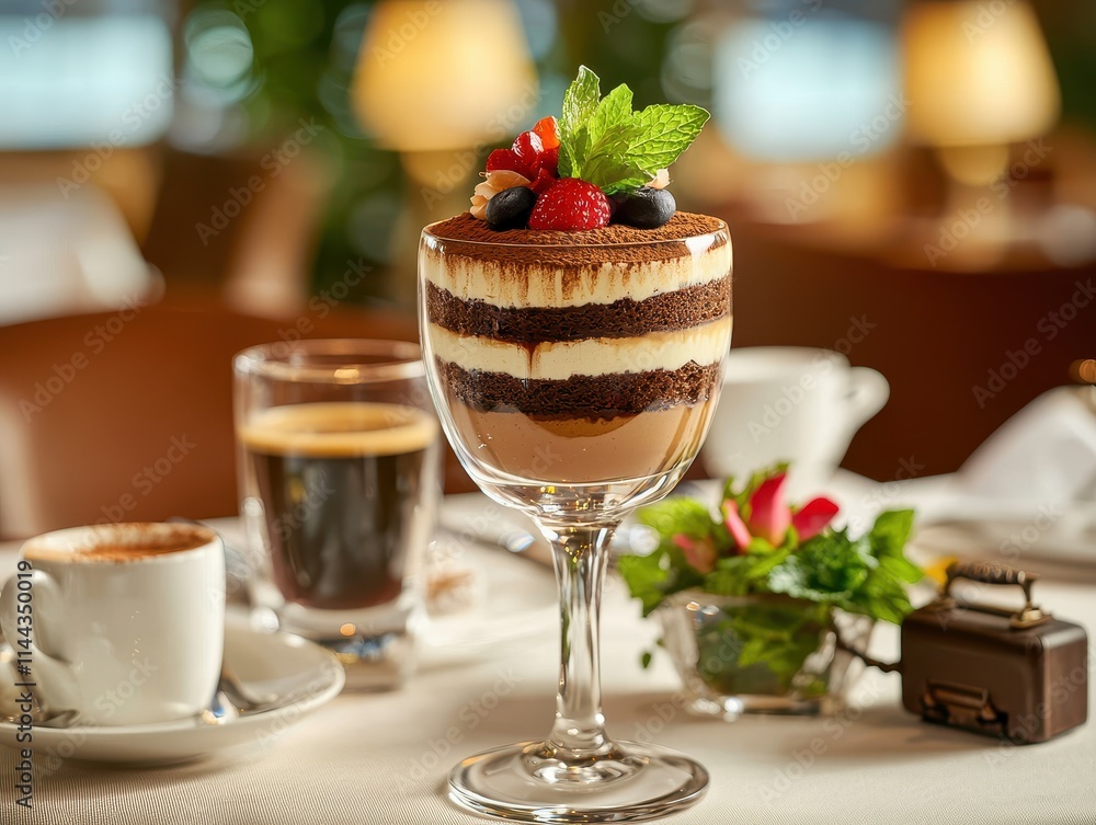 Decadent Chocolate Cake Parfait with Berries and Mint Garnish on Elegant Table Setting Decadent Chocolate Cake Parfait with Berries and Mint Garnish on Elegant Table Setting