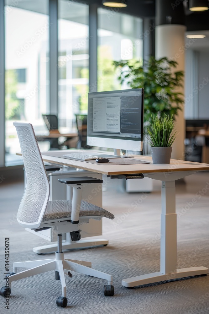 Fototapeta premium Modern Office Workspace with Desk, Chair, and Computer Setup