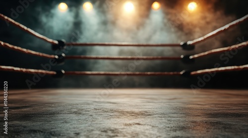 An empty boxing ring, defined by ropes and illuminated by dramatic spotlights, is set against a smoky backdrop, conveying anticipation and tension. photo